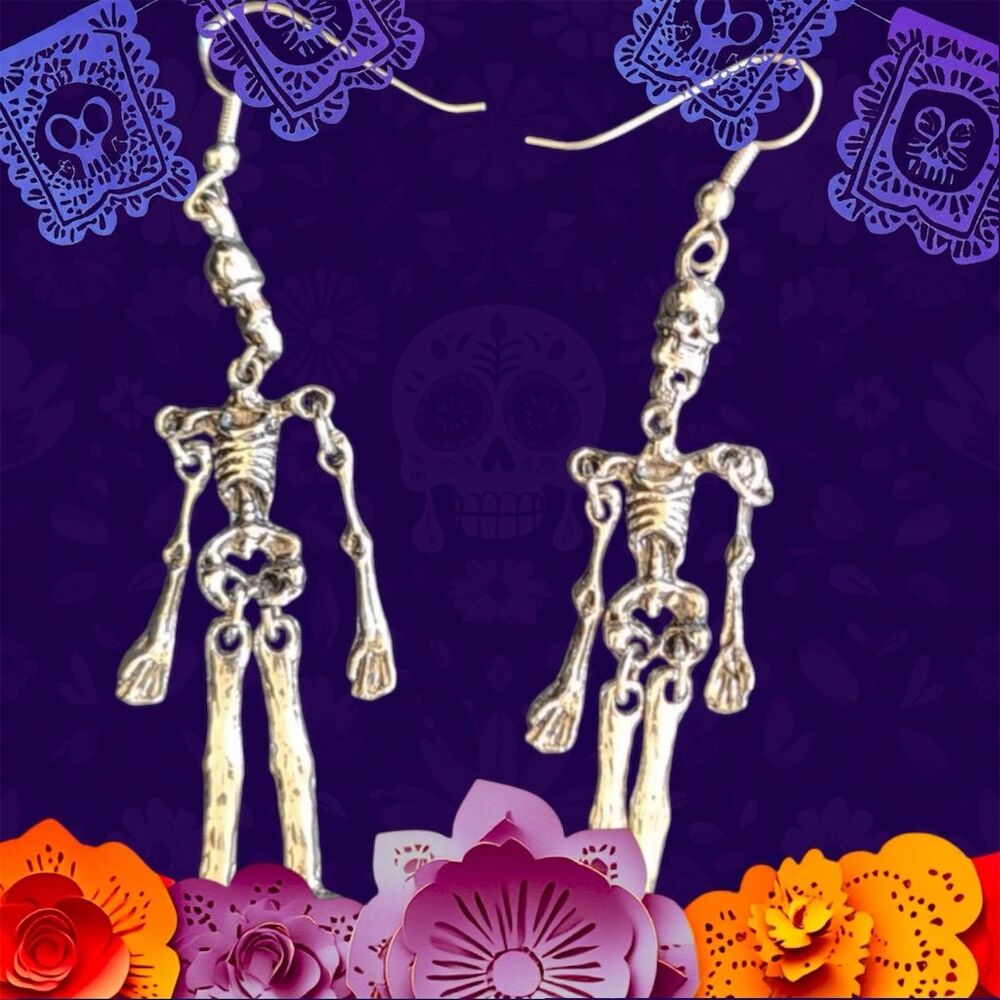 Silver Halloween Skeleton Dangle Earrings Gothic Vintage Style